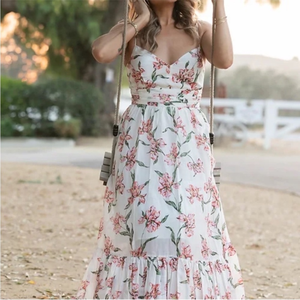 INTERMIX Cristiana Floral Maxi Dress 12 White Pink Silk Blend Vneck Tiered Skirt
